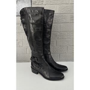 Jones Bootmaker Black Leather Knee High Moto Riding Boots Double Buckle EU 37